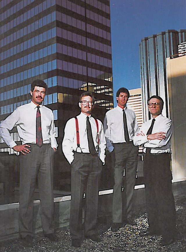 DynaFour Real Estate founders on a downtown Edmonton rooftop, 1981